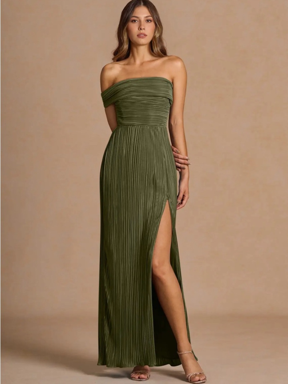 Azazie One-Shoulder Olive Green Pleated Evening Gown